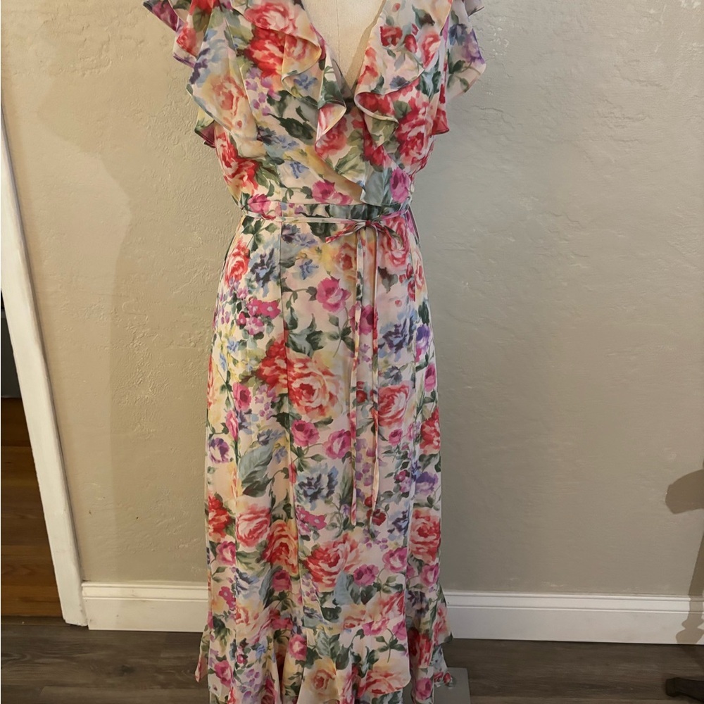 Melonie T Floral Ruffle V-Neck Maxi Dress Sz 10P NWT